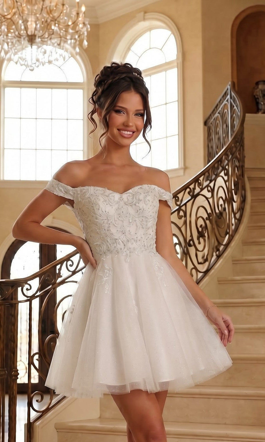 A woman stands by an ornate staircase in a well-lit, elegant interior wearing the Beaded-Corset Short Babydoll Hoco Dress C314 in off white, featuring a fitted bodice and flared skirt.